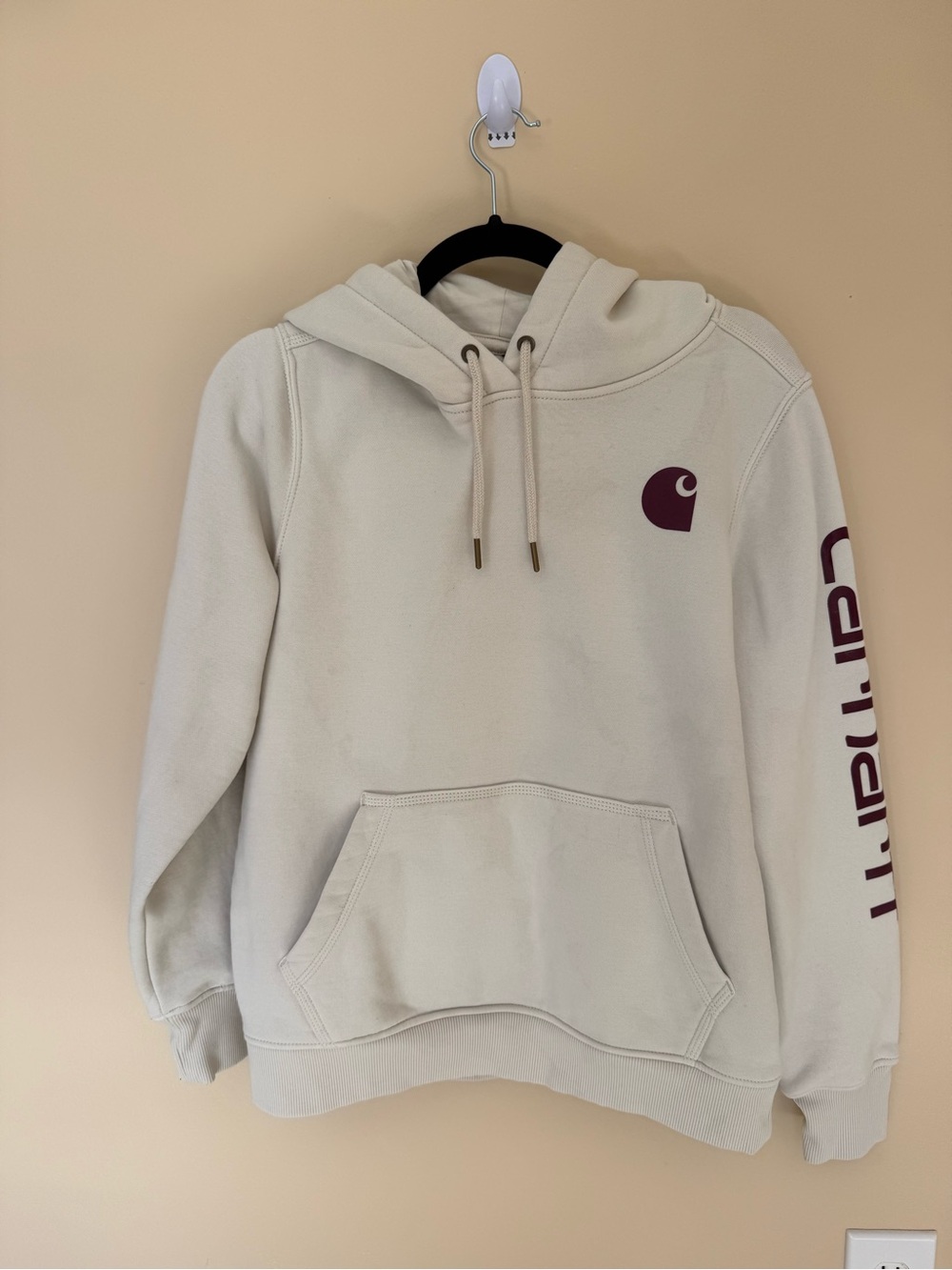 Carhartt Women's Cream Hoodie with Maroon Logo and Sleeve Script